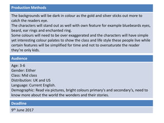 Deadline
9th June 2017
Audience
Age: 3-6
Gender: Either
Class: Mid class
Distribution: UK and US
Language: Current English.
Demographic: Read via pictures, bright colours primary's and secondary’s, need to
know more about the world the wonders and their stories.
Production Methods
The backgrounds will be dark in colour as the gold and silver sticks out more to
catch the readers eye.
The characters will stand out as well with own feature for example bluebeards eyes,
beard, ear rings and enchanted ring.
Some colours will need to be over exaggerated and the characters will have simple
yet interesting colour palates to show the class and life style these people live while
certain features will be simplified for time and not to oversaturate the reader
they’re only kids.
 