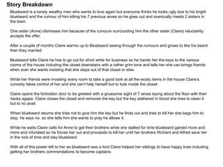 Bluebeard is a lonely wealthy man who wants to love again but everyone thinks he looks ugly due to his bright
bluebeard and the rumour of him killing his 7 previous wives so he goes out and eventually meets 2 sisters in
the town.
One sister (Anne) dismisses him because of the rumours surrounding him the other sister (Claire) reluctantly
accepts the offer.
After a couple of months Claire warms up to Bluebeard seeing through the rumours and grows to like his beard
then they married.
Bluebeard tells Claire he has to go out for short while for business so he hands her the keys to the various
rooms of the house including the closet downstairs with a rather grim tone and tells her she can brings friends
when ever she wants insisting that she stays out of that closet or else.
While her friends were invading every room to take a good look at all the exotic items in the house Claire’s
curiosity takes control of her and she can’t help herself but to look inside the closet.
Claire opens the forbidden door to be greeted with a gruesome sight of 7 wives laying about the floor with their
necks agape, Claire closes the closet and removes the key but the key slathered in blood she tries to clean it
but to no avail.
When bluebeard returns she tries not to give him the key but he finds out and tries to kill her she begs him to
stop, he says no, so she tells him she wants to pray he allows it.
While he waits Claire calls for Anne to get their brothers while she stalled for time bluebeard gained more and
more and infuriated so he forces her out and proceeds to kill her until her brothers Richard and Alfred save her
in the nick of time and slay bluebeard.
With all of this power left to her as bluebeard was a lord Claire helped her siblings to have happy lives including
getting her brothers commendations to become captains.
Story Breakdown
 