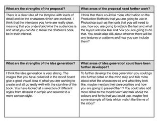 What are the strengths of the proposal? What areas of the proposal need further work?
There is a clear idea of the storyline with loads of
detail and on the characters which are involved. I
think that the intentions you have are really clear,
meaning that you understand who the audiences is
and what you can do to make the children's book
be in their interest.
I think that there could be more information on the
Production Methods that you are going to use in
Photoshop such as the tools that you will need to
use, how you are going to include the text and what
the layout will look like and how you are going to do
that. You could also talk about whether there will be
any textures or patterns and how you can include
them?
What are the strengths of the idea generation? What areas of idea generation could have been
further developed?
I think the idea generation is very strong. The
images that you have collected in the mood board
give a good visual idea of what you are wanting to
create and all go really well with the storyline of the
book. You have looked at a selection of different
styles from detailed to simple and realistic to a
more cartoon style.
To further develop the idea generation you could go
into further detail on the mind map and talk more
about what the characters do and what they look
like, maybe mention their personalities and how
you are going to present them? You could also add
more detail to the mood board and talk about the
colours and fonts that you could use, maybe find
some example of fonts which match the theme of
the story?
 