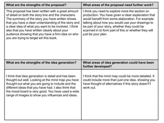 What are the strengths of the proposal? What areas of the proposal need further work?
This proposal has been written with a great amount
of detail on both the story line and the characters.
The summary of the story you have written shows
that you have a clear understanding of the story and
a clear idea of what you want to be involved. I think
also that you have written clearly about your
audience showing that you have a firm idea on who
you are trying to target wit this book.
I think you need to explore more the section on
production. You have given a clear explanation that
would benefit from some elaboration. For example
talking about how you would use your drawings to
be part of your story, whether they could be
scanned in to form part of this or whether they will
just be your plan.
What are the strengths of the idea generation? What areas of idea generation could have been
further developed?
I think that idea generation is detail and has been
thought out well. Looking at the mind map you have
thought out what you are going to include and the
different ideas that you have had. I also think that
the mood board is very good. You have used a wide
range of images to show you influences and ideas.
I think that the mind map could be more detailed. It
could include more than just one idea, showing you
have thought of alternatives if this story doesn't’t
work out.
 