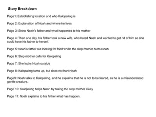 Story Breakdown
Page1: Establishing location and who Kalopaling is
Page 2: Explanation of Noah and where he lives
Page 3: Show Noah's father and what happened to his mother
Page 4: Then one day, his father took a new wife, who hated Noah and wanted to get rid of him so she
could have his father to herself.
Page 5: Noah's father out looking for food whilst the step mother hurts Noah
Page 6: Step mother calls for Kalopaling
Page 7: She locks Noah outside
Page 8: Kalopaling turns up, but does not hurt Noah
Page9: Noah talks to Kalopaling, and he explains that he is not to be feared, as he is a misunderstood
gentle creature.
Page 10: Kalopaling helps Noah by taking the step mother away
Page 11: Noah explains to his father what has happen.
 