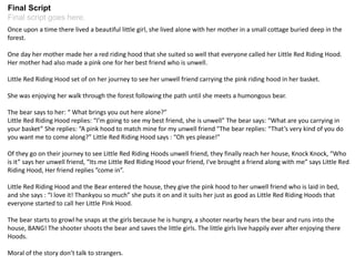 Final Script
Final script goes here.
Once upon a time there lived a beautiful little girl, she lived alone with her mother in a small cottage buried deep in the
forest.
One day her mother made her a red riding hood that she suited so well that everyone called her Little Red Riding Hood.
Her mother had also made a pink one for her best friend who is unwell.
Little Red Riding Hood set of on her journey to see her unwell friend carrying the pink riding hood in her basket.
She was enjoying her walk through the forest following the path until she meets a humongous bear.
The bear says to her: “ What brings you out here alone?”
Little Red Riding Hood replies: “I’m going to see my best friend, she is unwell” The bear says: “What are you carrying in
your basket” She replies: “A pink hood to match mine for my unwell friend "The bear replies: “That’s very kind of you do
you want me to come along?” Little Red Riding Hood says : “Oh yes please!”
Of they go on their journey to see Little Red Riding Hoods unwell friend, they finally reach her house, Knock Knock, “Who
is it” says her unwell friend, “Its me Little Red Riding Hood your friend, I've brought a friend along with me” says Little Red
Riding Hood, Her friend replies ”come in”.
Little Red Riding Hood and the Bear entered the house, they give the pink hood to her unwell friend who is laid in bed,
and she says : “I love it! Thankyou so much” she puts it on and it suits her just as good as Little Red Riding Hoods that
everyone started to call her Little Pink Hood.
The bear starts to growl he snaps at the girls because he is hungry, a shooter nearby hears the bear and runs into the
house, BANG! The shooter shoots the bear and saves the little girls. The little girls live happily ever after enjoying there
Hoods.
Moral of the story don’t talk to strangers.
 