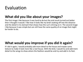 Evaluation
What did you like about your images?
The first image I like because it was hard to do but the end result turned out better
then I thought it would. I like how it looks like my bird’s looking off into the distance
and the detail in its stomach that shows how the sun’s shining on it. The second image
I like because it was simple but can still have the same quality of an image that might
be harder to do.
What would you improve if you did it again?
If I did it again, I would probably add more detail to the house and maybe some
texture to make it look more like a real house. With the bird, I would try and add more
detail to the wings to show where the feathers would be and try and add in its feet.
 