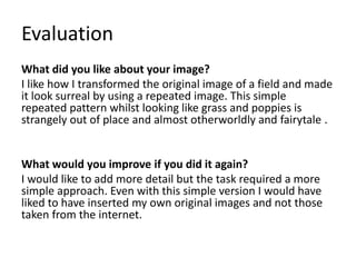 Evaluation
What did you like about your image?
I like how I transformed the original image of a field and made
it look surreal by using a repeated image. This simple
repeated pattern whilst looking like grass and poppies is
strangely out of place and almost otherworldly and fairytale .
What would you improve if you did it again?
I would like to add more detail but the task required a more
simple approach. Even with this simple version I would have
liked to have inserted my own original images and not those
taken from the internet.
 