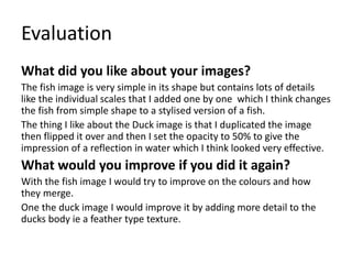 Evaluation
What did you like about your images?
The fish image is very simple in its shape but contains lots of details
like the individual scales that I added one by one which I think changes
the fish from simple shape to a stylised version of a fish.
The thing I like about the Duck image is that I duplicated the image
then flipped it over and then I set the opacity to 50% to give the
impression of a reflection in water which I think looked very effective.
What would you improve if you did it again?
With the fish image I would try to improve on the colours and how
they merge.
One the duck image I would improve it by adding more detail to the
ducks body ie a feather type texture.
 