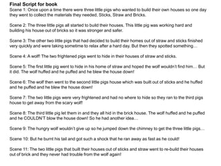 Final Script for book 
Scene 1: Once upon a time there were three little pigs who wanted to build their own houses so one day 
they went to collect the materials they needed, Sticks, Straw and Bricks. 
Scene 2: The three little pigs all started to build their houses. This little pig was working hard and 
building his house out of bricks so it was stronger and safer. 
Scene 3: The other two little pigs that had decided to build their homes out of straw and sticks finished 
very quickly and were taking sometime to relax after a hard day. But then they spotted something… 
Scene 4: A wolf! The two frightened pigs went to hide in their houses of straw and sticks. 
Scene 5: The first little pig went to hide in his home of straw and hoped the wolf wouldn’t find him… But 
it did. The wolf huffed and he puffed and he blew the house down! 
Scene 6: The wolf then went to the second little pigs house which was built out of sticks and he huffed 
and he puffed and he blew the house down! 
Scene 7: The two little pigs were very frightened and had no where to hide so they ran to the third pigs 
house to get away from the scary wolf! 
Scene 8: The third little pig let them in and they all hid in the brick house. The wolf huffed and he puffed 
and he COULDN’T blow the house down! So he had another idea… 
Scene 9: The hungry wolf wouldn’t give up so he jumped down the chimney to get the three little pigs… 
Scene 10: But he burnt his tail and got such a shock that he ran away as fast as he could! 
Scene 11: The two little pigs that built their houses out of sticks and straw went to re-build their houses 
out of brick and they never had trouble from the wolf again! 
 