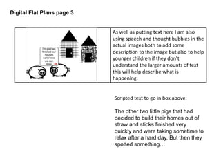 Digital Flat Plans page 3 
As well as putting text here I am also 
using speech and thought bubbles in the 
actual images both to add some 
description to the image but also to help 
younger children if they don’t 
understand the larger amounts of text 
this will help describe what is 
happening. 
Scripted text to go in box above: 
The other two little pigs that had 
decided to build their homes out of 
straw and sticks finished very 
quickly and were taking sometime to 
relax after a hard day. But then they 
spotted something… 
 