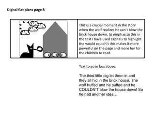 Digital flat plans page 8 
This is a crucial moment in the story 
when the wolf realizes he can’t blow the 
brick house down, to emphasize this in 
the text I have used capitals to highlight 
the would couldn’t this makes it more 
powerful on the page and more fun for 
the children to read. 
Text to go in box above: 
The third little pig let them in and 
they all hid in the brick house. The 
wolf huffed and he puffed and he 
COULDN’T blow the house down! So 
he had another idea… 
 