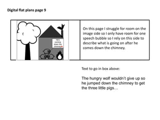 Digital flat plans page 9 
On this page I struggle for room on the 
image side so I only have room for one 
speech bubble so I rely on this side to 
describe what is going on after he 
comes down the chimney. 
Text to go in box above: 
The hungry wolf wouldn’t give up so 
he jumped down the chimney to get 
the three little pigs… 
 