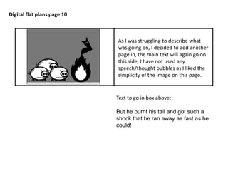 Digital flat plans page 10 
As I was struggling to describe what 
was going on, I decided to add another 
page in, the main text will again go on 
this side, I have not used any 
speech/thought bubbles as I liked the 
simplicity of the image on this page. 
Text to go in box above: 
But he burnt his tail and got such a 
shock that he ran away as fast as he 
could! 
 