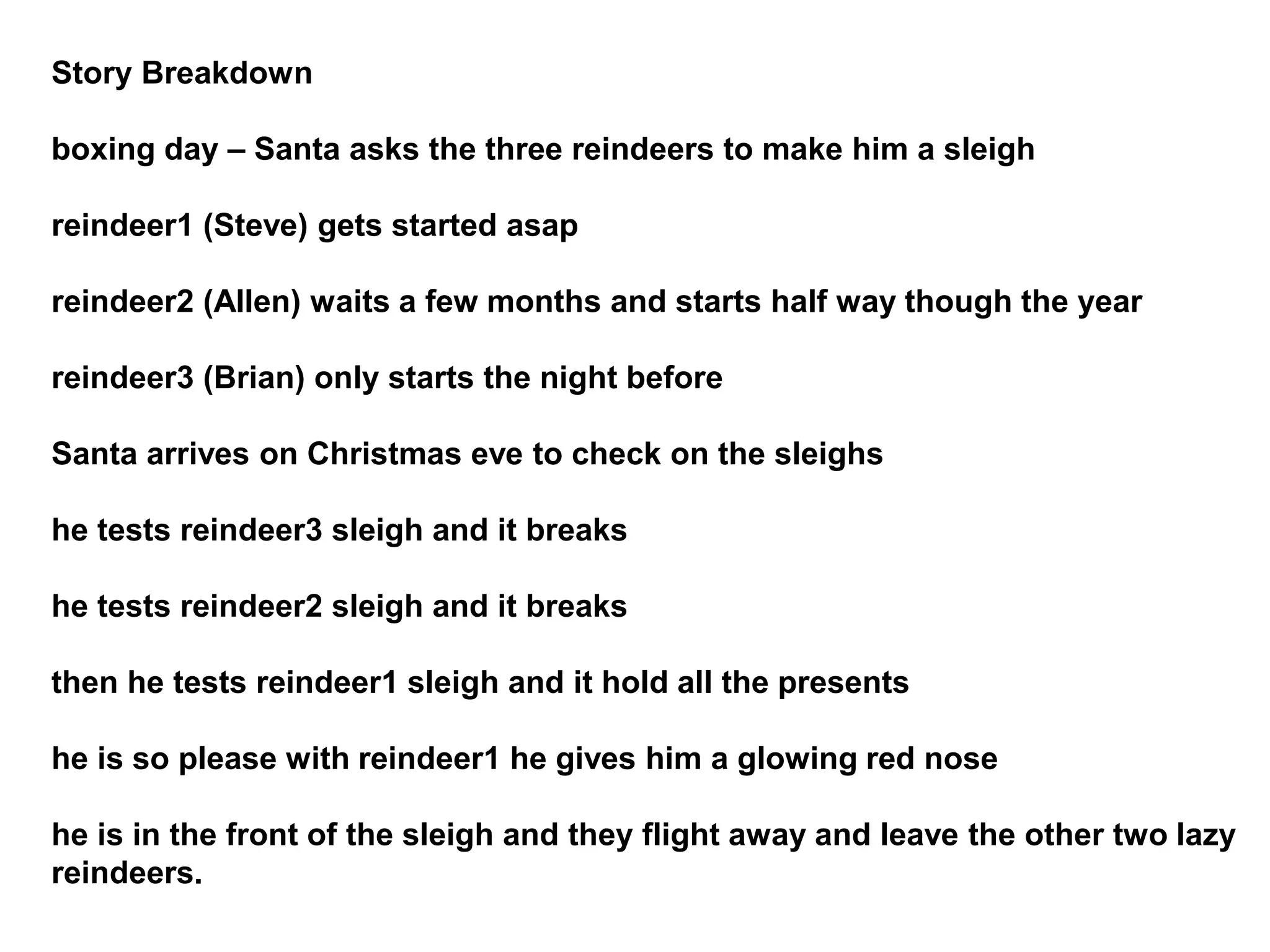 Story Breakdown
boxing day – Santa asks the three reindeers to make him a sleigh
reindeer1 (Steve) gets started asap
reindeer2 (Allen) waits a few months and starts half way though the year
reindeer3 (Brian) only starts the night before
Santa arrives on Christmas eve to check on the sleighs
he tests reindeer3 sleigh and it breaks
he tests reindeer2 sleigh and it breaks
then he tests reindeer1 sleigh and it hold all the presents
he is so please with reindeer1 he gives him a glowing red nose
he is in the front of the sleigh and they flight away and leave the other two lazy
reindeers.
 