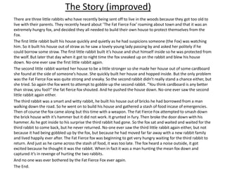 The Story (improved)
There are three little rabbits who have recently being sent off to live in the woods because they got too old to
live with their parents. They recently heard about ‘The Fat Fierce Fox’ roaming about town and that it was an
extremely hungry fox, and decided they all needed to build their own house to protect themselves from the
Fox.
The first little rabbit built his house quickly and quietly as he had suspicions someone (the Fox) was watching
him. So it built his house out of straw as he saw a lovely young lady passing by and asked her politely if he
could borrow some straw. The first little rabbit built it’s house and shut himself inside so he was protected from
the wolf. But later that day when it got to night time the fox sneaked up on the rabbit and blew his house
down. No-one ever saw the first little rabbit again.
The second little rabbit wanted her house to be a little stronger so she made her house out of some cardboard
she found at the side of someone’s house. She quickly built her house and hopped inside. But the only problem
was the Fat Fierce Fox was quite strong and sneaky. So the second rabbit didn’t really stand a chance either, but
she tried. So again the fox went to attempt to gobble up the second rabbit. “You think cardboard is any better
than straw, you fool!” the fat fierce fox shouted. And he pushed the house down. No-one ever saw the second
little rabbit again either.
The third rabbit was a smart and witty rabbit, he built his house out of bricks he had borrowed from a man
walking down the road. So he went on to build his house and gathered a stash of food incase of emergencies.
Then of course the fox came along but this time with a weapon. The Fat Fierce Fox attempted to smash down
the brick house with it’s hammer but it did not work. It grunted in fury. Then broke the door down with his
hammer. As he got inside to his surprise the third rabbit had gone. So the fox sat and waited and waited for the
third rabbit to come back, but he never returned. No-one ever saw the third little rabbit again either, but not
because it had being gobbled up by the fox, but because he had moved far far away with a new rabbit family
and lived happily ever after. The Fat Fierce fox was beginning to get very hungry waiting for the third rabbit to
return. And just as he came across the stash of food, it was too late. The fox heard a noise outside, it got
excited because he thought it was the rabbit. When in fact it was a man hunting the mean fox down and
captured it’s in revenge of hurting the two rabbits.
And no one was ever bothered by the Fat Fierce Fox ever again.
The End.
 