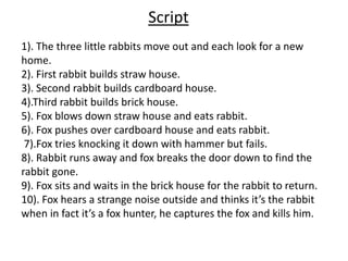Script
1). The three little rabbits move out and each look for a new
home.
2). First rabbit builds straw house.
3). Second rabbit builds cardboard house.
4).Third rabbit builds brick house.
5). Fox blows down straw house and eats rabbit.
6). Fox pushes over cardboard house and eats rabbit.
7).Fox tries knocking it down with hammer but fails.
8). Rabbit runs away and fox breaks the door down to find the
rabbit gone.
9). Fox sits and waits in the brick house for the rabbit to return.
10). Fox hears a strange noise outside and thinks it’s the rabbit
when in fact it’s a fox hunter, he captures the fox and kills him.
 