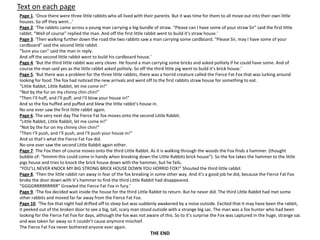 Text on each page
Page 1. ‘Once there were three little rabbits who all lived with their parents. But it was time for them to all move out into their own little
houses. So off they went…’
Page 2. ‘The rabbits came across a young man carrying a big bundle of straw. “Please can I have some of your straw Sir” said the first little
rabbit. “Well of course” replied the man. And off the first little rabbit went to build it’s straw house.’
Page 3. ‘Then walking further down the road the two rabbits saw a man carrying some cardboard. “Please Sir, may I have some of your
cardboard” said the second little rabbit.
“Sure you can” said the man in reply.
And off the second little rabbit went to build his cardboard house.’
Page 4. ‘But the third little rabbit was very clever. He found a man carrying some bricks and asked politely if he could have some. And of
course the man said yes as the little rabbit asked politely. So off the third little pig went to build it’s brick house.’
Page 5. ‘But there was a problem for the three little rabbits, there was a horrid creature called the Fierce Fat Fox that was lurking around
looking for food. The fox had noticed the new arrivals and went off to the first rabbits straw house for something to eat.
“Little Rabbit, Little Rabbit, let me come in!”
“Not by the fur on my chinny chin chin!”
“Then I’ll huff, and I’ll puff, and I’ll blow your house in!”
And so the fox huffed and puffed and blew the little rabbit’s house in.
No one ever saw the first little rabbit again.
Page 6. The very next day The Fierce Fat fox moves onto the second Little Rabbit.
“Little Rabbit, Little Rabbit, let me come in!”
“Not by the fur on my chinny chin chin!”
“Then I’ll push, and I’ll push, and I’ll push your house in!”
And so that’s what the Fierce Fat Fox did.
No-one ever saw the second Little Rabbit again either.
Page 7. The Fox then of course moves onto the third Little Rabbit. As it is walking through the woods the Fox finds a hammer. (thought
bubble of: “hmmm this could come in handy when breaking down the Little Rabbits brick house”). So the fox takes the hammer to the little
pigs house and tries to knock the brick house down with the hammer, but he fails.
“YOU’LL NEVER KNOCK MY BIG STRONG BRICK HOUSE DOWN YOU HORRID FOX!” Shouted the third little rabbit.
Page 8. ‘Then the little rabbit ran away in fear of the fox breaking in some other way. And it’s a good job he did, because the Fierce Fat Fox
broke the door down with it’s hammer to find the third Little Rabbit had disappeared.
“GGGGRRRRRRRRR” Growled the Fierce Fat Fox in fury.’
Page 9. ‘The fox decided wait inside the house for the third Little Rabbit to return. But he never did. The third Little Rabbit had met some
other rabbits and moved far far away from the Fierce Fat Fox.
Page 10. ‘The fox that night had drifted off to sleep but was suddenly awakened by a noise outside. Excited that it may have been the rabbit,
it peeked out of the broken door to see a big, tall, scary man stood outside with a strange big sac. The man was a fox hunter who had been
looking for the Fierce Fat Fox for days, although the fox was not aware of this. So to it’s surprise the Fox was captured in the huge, strange sac
and was taken far away so it couldn’t cause anymore mischief.
The Fierce Fat Fox never bothered anyone ever again.
THE END
 