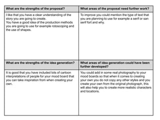 What are the strengths of the proposal? What areas of the proposal need further work?
I like that you have a clear understanding of the
story you are going to create.
You have a good idea of the production methods
you are going to use for example rotoscoping and
the use of shapes.
To improve you could mention the type of text that
you are planning to use for example a serif or san
serif fort and why.
What are the strengths of the idea generation? What areas of idea generation could have been
further developed?
It is good that you have included lots of cartoon
interpretations of people for your mood board that
you can take inspiration from when creating your
own.
You could add in some real photography to your
mood boards so that when it comes to creating
your own you do not copy any other styles and you
create your own from the original photograph, this
will also help you to create more realistic characters
and locations.
 