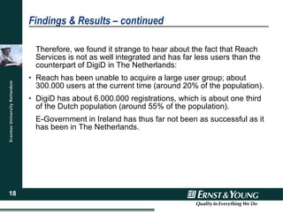 Findings & Results – continued Therefore, we found it strange to hear about the fact that Reach Services is not as well integrated and has far less users than the counterpart of DigiD in The Netherlands: Reach has been unable to acquire a large user group; about 300.000 users at the current time (around 20% of the population). DigiD has about 6.000.000 registrations, which is about one third of the Dutch population (around 55% of the population). E-Government in Ireland has thus far not been as successful as it has been in The Netherlands. 