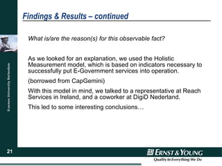 Findings & Results – continued What is/are the reason(s) for this observable fact? As we looked for an explanation, we used the Holistic Measurement model, which is based on indicators necessary to successfully put E-Government services into operation. (borrowed from CapGemini) With this model in mind, we talked to a representative at Reach Services in Ireland, and a coworker at DigiD Nederland. This led to some interesting conclusions… 