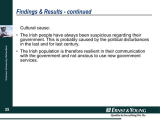 Findings & Results - continued Cultural cause: The Irish people have always been suspicious regarding their government. This is probably caused by the political disturbances in the last and for last century. The Irish population is therefore resilient in their communication with the government and not anxious to use new government services . 