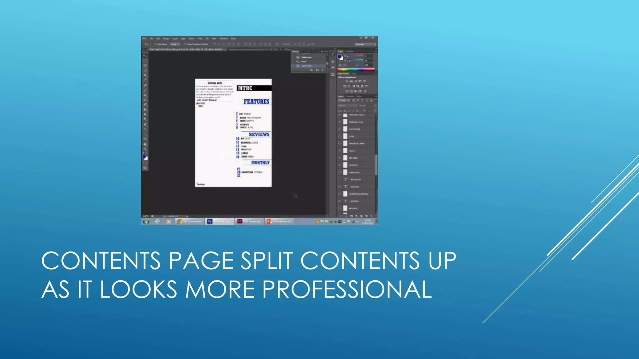CONTENTS PAGE SPLIT CONTENTS UP
AS IT LOOKS MORE PROFESSIONAL