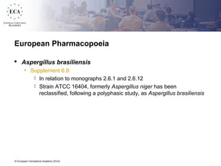 © European Compliance Academy (ECA)
European Pharmacopoeia
 Aspergillus brasiliensis
• Supplement 6.8:
 In relation to monographs 2.6.1 and 2.6.12
 Strain ATCC 16404, formerly Aspergillus niger has been
reclassified, following a polyphasic study, as Aspergillus brasiliensis
 