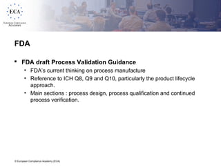 © European Compliance Academy (ECA)
FDA
 FDA draft Process Validation Guidance
• FDA’s current thinking on process manufacture
• Reference to ICH Q8, Q9 and Q10, particularly the product lifecycle
approach.
• Main sections : process design, process qualification and continued
process verification.
 