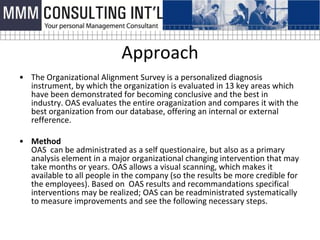 Approach
• The Organizational Alignment Survey is a personalized diagnosis
  instrument, by which the organization is evaluated in 13 key areas which
  have been demonstrated for becoming conclusive and the best in
  industry. OAS evaluates the entire oraganization and compares it with the
  best organization from our database, offering an internal or external
  refference.

• Method
  OAS can be administrated as a self questionaire, but also as a primary
  analysis element in a major organizational changing intervention that may
  take months or years. OAS allows a visual scanning, which makes it
  available to all people in the company (so the results be more credible for
  the employees). Based on OAS results and recommandations specifical
  interventions may be realized; OAS can be readministrated systematically
  to measure improvements and see the following necessary steps.
 