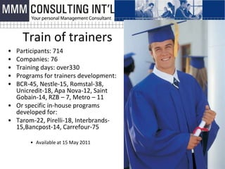 Train of trainers
• Participants: 714
• Companies: 76
• Training days: over330
• Programs for trainers development:
• BCR-45, Nestle-15, Romstal-38,
  Unicredit-18, Apa Nova-12, Saint
  Gobain-14, RZB – 7, Metro – 11
• Or specific in-house programs
  developed for:
• Tarom-22, Pirelli-18, Interbrands-
  15,Bancpost-14, Carrefour-75

       • Available at 15 May 2011
 