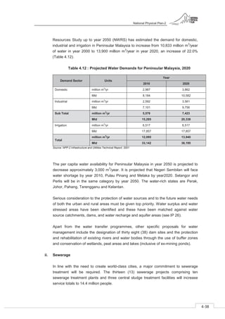 National Physical Plan-2
4-38
- 2
Resources Study up to year 2050 (NWRS) has estimated the demand for domestic,
industrial and irrigation in Peninsular Malaysia to increase from 10,833 million m
3
/year
of water in year 2000 to 13,900 million m
3
/year in year 2020, an increase of 22.0%
(Table 4.12).
Table 4.12 : Projected Water Demands for Peninsular Malaysia, 2020
Demand Sector Units
Year
2010 2020
Domestic million m3
/yr 2,987 3,862
Mld 8,184 10,582
Industrial million m3
/yr 2,592 3,561
Mld 7,101 9,756
Sub Total million m3
/yr 5,578 7,423
Mld 15,285 20,338
Irrigation million m3
/yr 6,517 6,517
Mld 17,857 17,857
Total
million m3
/yr 12,095 13,940
Mld 33,142 38,195
Source: NPP-2 Infrastructure and Utilities Technical Report, 2001
The per capita water availability for Peninsular Malaysia in year 2050 is projected to
decrease approximately 3,000 m
3
/year. It is projected that Negeri Sembilan will face
water shortage by year 2010, Pulau Pinang and Melaka by year2020. Selangor and
Perlis will be in the same category by year 2050. The water-rich states are Perak,
Johor, Pahang, Terengganu and Kelantan.
Serious consideration to the protection of water sources and to the future water needs
of both the urban and rural areas must be given top priority. Water surplus and water
stressed areas have been identified and these have been matched against water
source catchments, dams, and water recharge and aquifer areas (see IP 26).
Apart from the water transfer programmes, other specific proposals for water
management include the designation of thirty eight (38) dam sites and the protection
and rehabilitation of existing rivers and water bodies through the use of buffer zones
and conservation of wetlands, peat areas and lakes (inclusive of ex-mining ponds).
ii. Sewerage
In line with the need to create world-class cities, a major commitment to sewerage
treatment will be required. The thirteen (13) sewerage projects comprising ten
sewerage treatment plants and three central sludge treatment facilities will increase
service totals to 14.4 million people.
 
