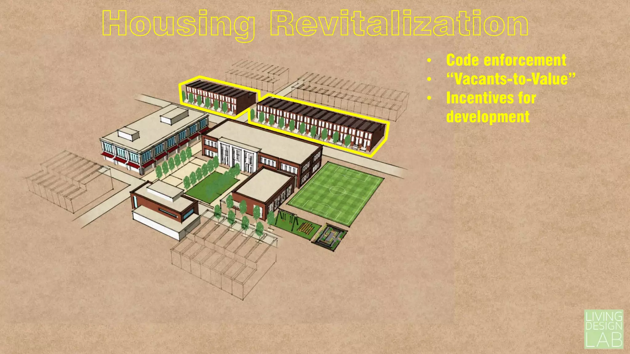 Housing Revitalization
• Code enforcement
• “Vacants-to-Value”
• Incentives for
development

 