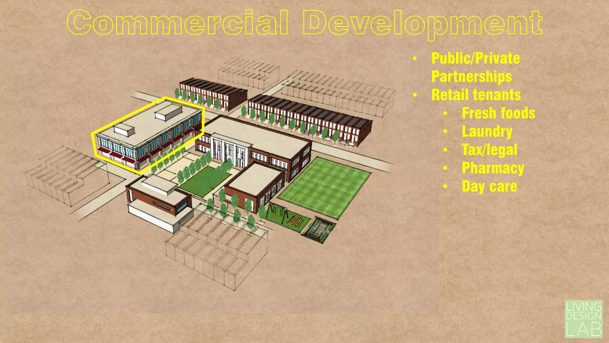 Commercial Development
• Public/Private
Partnerships
• Retail tenants
• Fresh foods
• Laundry
• Tax/legal
• Pharmacy
• Day care

 