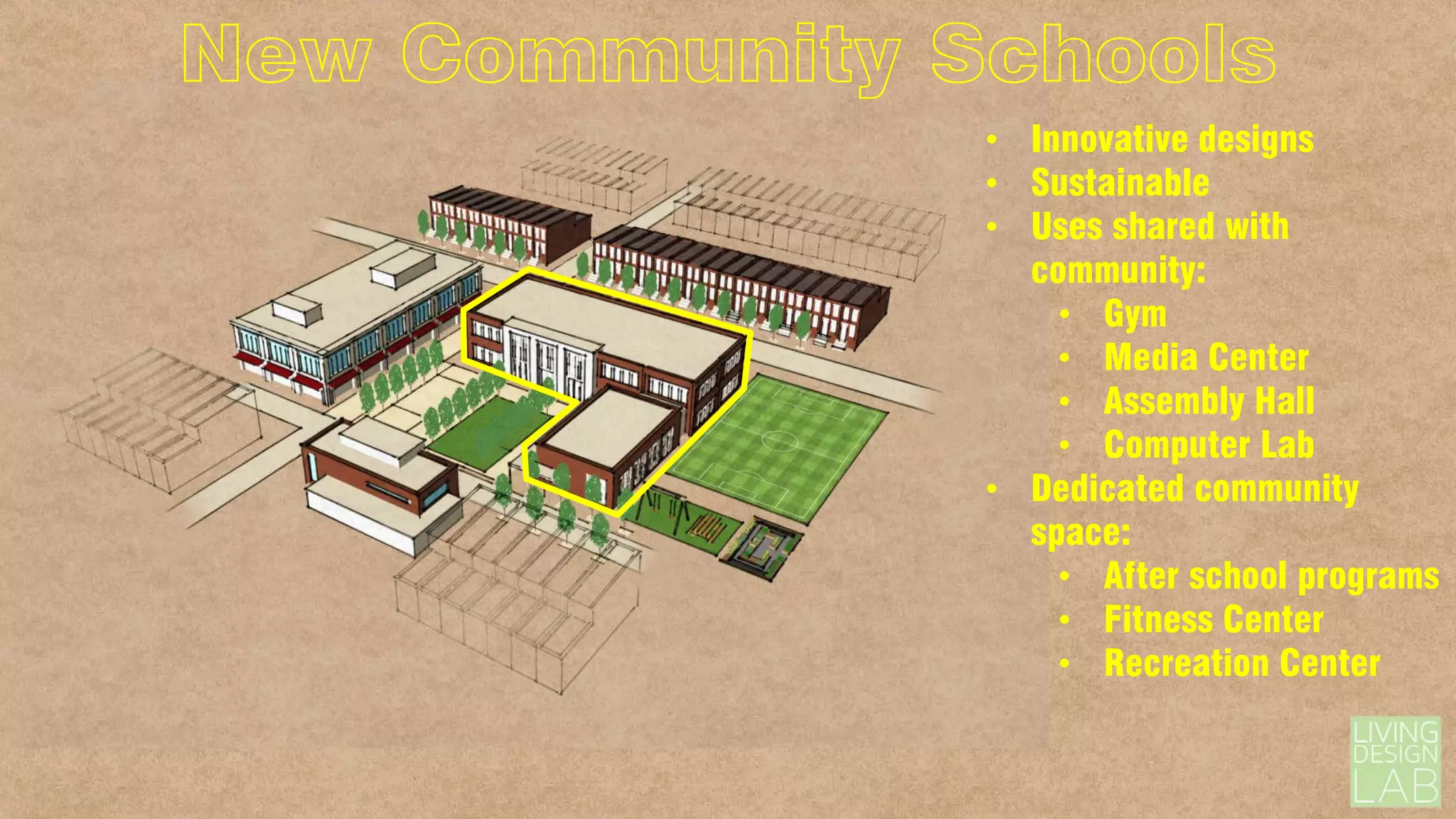 New Community Schools
• Innovative designs
• Sustainable
• Uses shared with
community:
• Gym
• Media Center
• Assembly Hall
• Computer Lab
• Dedicated community
space:
• After school programs
• Fitness Center
• Recreation Center

 