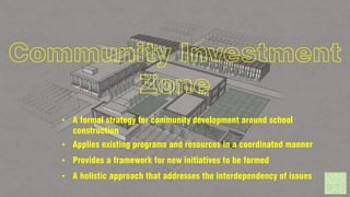 Community Investment
Zone
• A formal strategy for community development around school
construction
• Applies existing programs and resources in a coordinated manner
• Provides a framework for new initiatives to be formed
• A holistic approach that addresses the interdependency of issues

 