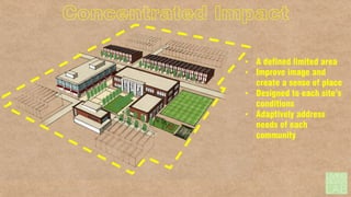 Concentrated Impact
• A defined limited area
• Improve image and
create a sense of place
• Designed to each site’s
conditions
• Adaptively address
needs of each
community

 