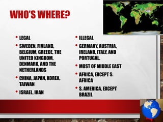 WHO’S WHERE?
• LEGAL
• SWEDEN, FINLAND,
BELGIUM, GREECE, THE
UNITED KINGDOM,
DENMARK, AND THE
NETHERLANDS
• CHINA, JAPAN, KOREA,
TAIWAN
• ISRAEL, IRAN
• ILLEGAL
• GERMANY, AUSTRIA,
IRELAND, ITALY, AND
PORTUGAL.
• MOST OF MIDDLE EAST
• AFRICA, EXCEPT S.
AFRICA
• S. AMERICA, EXCEPT
BRAZIL
 