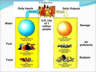 Water Fuel Food Daily Inputs U.S. city of 1 million people Daily Outputs Air pollutants Rubbish Sewage Urbanization   