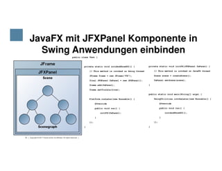 Class JFXPanel
java.lang.Object
java.awt.Component
java.awt.Container
private static void initFX(JFXPanel fxPanel) {
// This method is invoked on JavaFX thread
Scene scene = createScene();
fxPanel.setScene(scene);
}
JavaFX mit JFXPanel Komponente in
Swing Anwendungen einbinden
public class Test {
private static void initAndShowGUI() {
// This method is invoked on Swing thread
JFrame frame = new JFrame("FX");
final JFXPanel fxPanel = new JFXPanel();
frame.add(fxPanel);
16 Copyright © 2017 Oracle and/or its affiliates. All rights reserved.
javax.swing.JComponent
javafx.embed.swing.JFXPanel
}
public static void main(String[] args) {
SwingUtilities.invokeLater(new Runnable() {
@Override
public void run() {
initAndShowGUI();
}
});
}
}
frame.add(fxPanel);
frame.setVisible(true);
Platform.runLater(new Runnable() {
@Override
public void run() {
initFX(fxPanel);
}
});
}
 