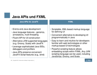 Java APIs und FXML
Java APIs für JavaFX
• End-to-end Java development
• Java language features - generics,
annotations, multi-threading
• Fluent API for UI construction
FXML
• Scriptable, XML-based markup language
for defining UI
• Convenient alternative to developing UI
programmatically in Java
28 Copyright © 2017 Oracle and/or its affiliates. All rights reserved.
• Fluent API for UI construction
• Alternative JVM supported languages
(e.g. Groovy, Scala) with JavaFX
• Leverage sophisticated Java IDEs,
debuggers and profilers
• Java APIs preserve convenient
JavaFX Script features (e.g., bind)
programmatically in Java
• Easy to learn and intuitive for developers
familiar with web technologies or other
markup based UI technologies
• Powerful scripting feature allows
embedding scripts within FXML. Any JVM
scripting language can be used, including
JavaScript, Groovy, and Scala
 