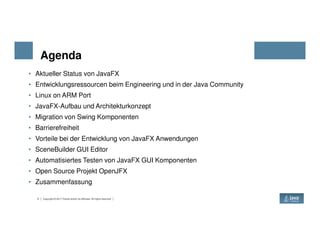Agenda
• Aktueller Status von JavaFX
• Entwicklungsressourcen beim Engineering und in der Java Community
• Linux on ARM Port
• JavaFX-Aufbau und Architekturkonzept
• Migration von Swing Komponenten
3 Copyright © 2017 Oracle and/or its affiliates. All rights reserved.
• Barrierefreiheit
• Vorteile bei der Entwicklung von JavaFX Anwendungen
• SceneBuilder GUI Editor
• Automatisiertes Testen von JavaFX GUI Komponenten
• Open Source Projekt OpenJFX
• Zusammenfassung
 