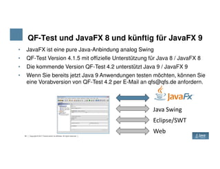 QF-Test und JavaFX 8 und künftig für JavaFX 9
• JavaFX ist eine pure Java-Anbindung analog Swing
• QF-Test Version 4.1.5 mit offizielle Unterstützung für Java 8 / JavaFX 8
• Die kommende Version QF-Test 4.2 unterstützt Java 9 / JavaFX 9
• Wenn Sie bereits jetzt Java 9 Anwendungen testen möchten, können Sie
eine Vorabversion von QF-Test 4.2 per E-Mail an qfs@qfs.de anfordern.
40 Copyright © 2017 Oracle and/or its affiliates. All rights reserved.
eine Vorabversion von QF-Test 4.2 per E-Mail an qfs@qfs.de anfordern.
Java Swing
Eclipse/SWT
Web
 