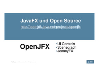 JavaFX und Open Source
http://openjdk.java.net/projects/openjfx
44 Copyright © 2017 Oracle and/or its affiliates. All rights reserved.
OpenJFX
•UI Controls
•Scenegraph
•JemmyFX
 
