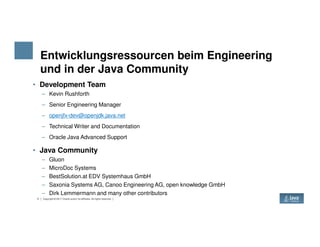 Entwicklungsressourcen beim Engineering
und in der Java Community
• Development Team
– Kevin Rushforth
– Senior Engineering Manager
– openjfx-dev@openjdk.java.net
– Technical Writer and Documentation
5 Copyright © 2017 Oracle and/or its affiliates. All rights reserved.
– Technical Writer and Documentation
– Oracle Java Advanced Support
• Java Community
– Gluon
– MicroDoc Systems
– BestSolution.at EDV Systemhaus GmbH
– Saxonia Systems AG, Canoo Engineering AG, open knowledge GmbH
– Dirk Lemmermann and many other contributors
 