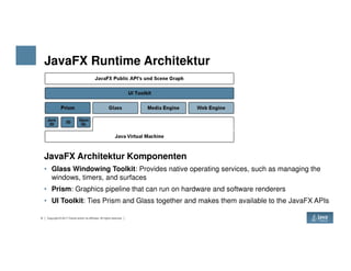 JavaFX Runtime Architektur
9 Copyright © 2017 Oracle and/or its affiliates. All rights reserved.
JavaFX Architektur Komponenten
• Glass Windowing Toolkit: Provides native operating services, such as managing the
windows, timers, and surfaces
• Prism: Graphics pipeline that can run on hardware and software renderers
• UI Toolkit: Ties Prism and Glass together and makes them available to the JavaFX APIs
 