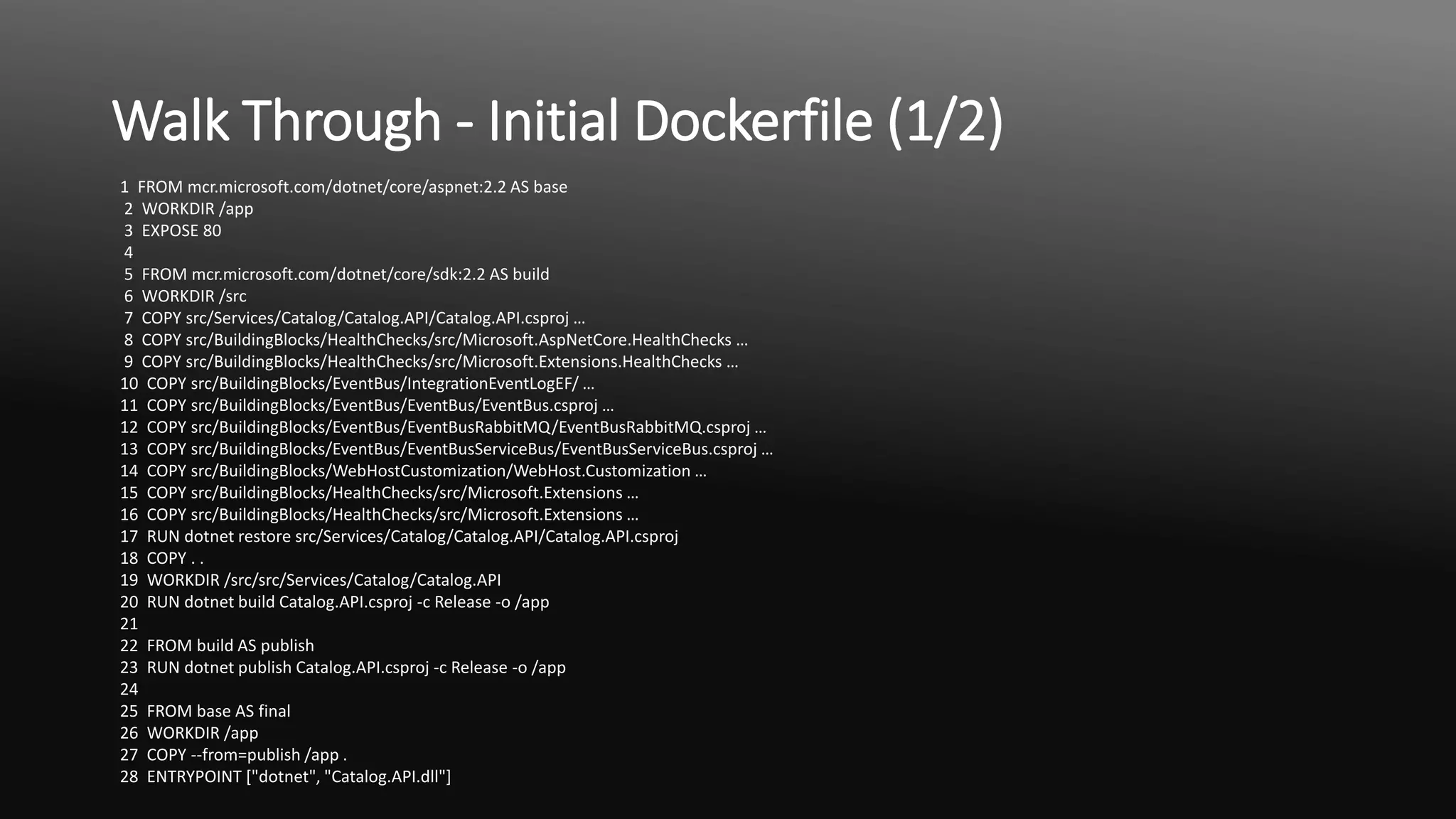 Walk Through - Initial Dockerfile (1/2)
1 FROM mcr.microsoft.com/dotnet/core/aspnet:2.2 AS base
2 WORKDIR /app
3 EXPOSE 80
4
5 FROM mcr.microsoft.com/dotnet/core/sdk:2.2 AS build
6 WORKDIR /src
7 COPY src/Services/Catalog/Catalog.API/Catalog.API.csproj …
8 COPY src/BuildingBlocks/HealthChecks/src/Microsoft.AspNetCore.HealthChecks …
9 COPY src/BuildingBlocks/HealthChecks/src/Microsoft.Extensions.HealthChecks …
10 COPY src/BuildingBlocks/EventBus/IntegrationEventLogEF/ …
11 COPY src/BuildingBlocks/EventBus/EventBus/EventBus.csproj …
12 COPY src/BuildingBlocks/EventBus/EventBusRabbitMQ/EventBusRabbitMQ.csproj …
13 COPY src/BuildingBlocks/EventBus/EventBusServiceBus/EventBusServiceBus.csproj …
14 COPY src/BuildingBlocks/WebHostCustomization/WebHost.Customization …
15 COPY src/BuildingBlocks/HealthChecks/src/Microsoft.Extensions …
16 COPY src/BuildingBlocks/HealthChecks/src/Microsoft.Extensions …
17 RUN dotnet restore src/Services/Catalog/Catalog.API/Catalog.API.csproj
18 COPY . .
19 WORKDIR /src/src/Services/Catalog/Catalog.API
20 RUN dotnet build Catalog.API.csproj -c Release -o /app
21
22 FROM build AS publish
23 RUN dotnet publish Catalog.API.csproj -c Release -o /app
24
25 FROM base AS final
26 WORKDIR /app
27 COPY --from=publish /app .
28 ENTRYPOINT ["dotnet", "Catalog.API.dll"]
 