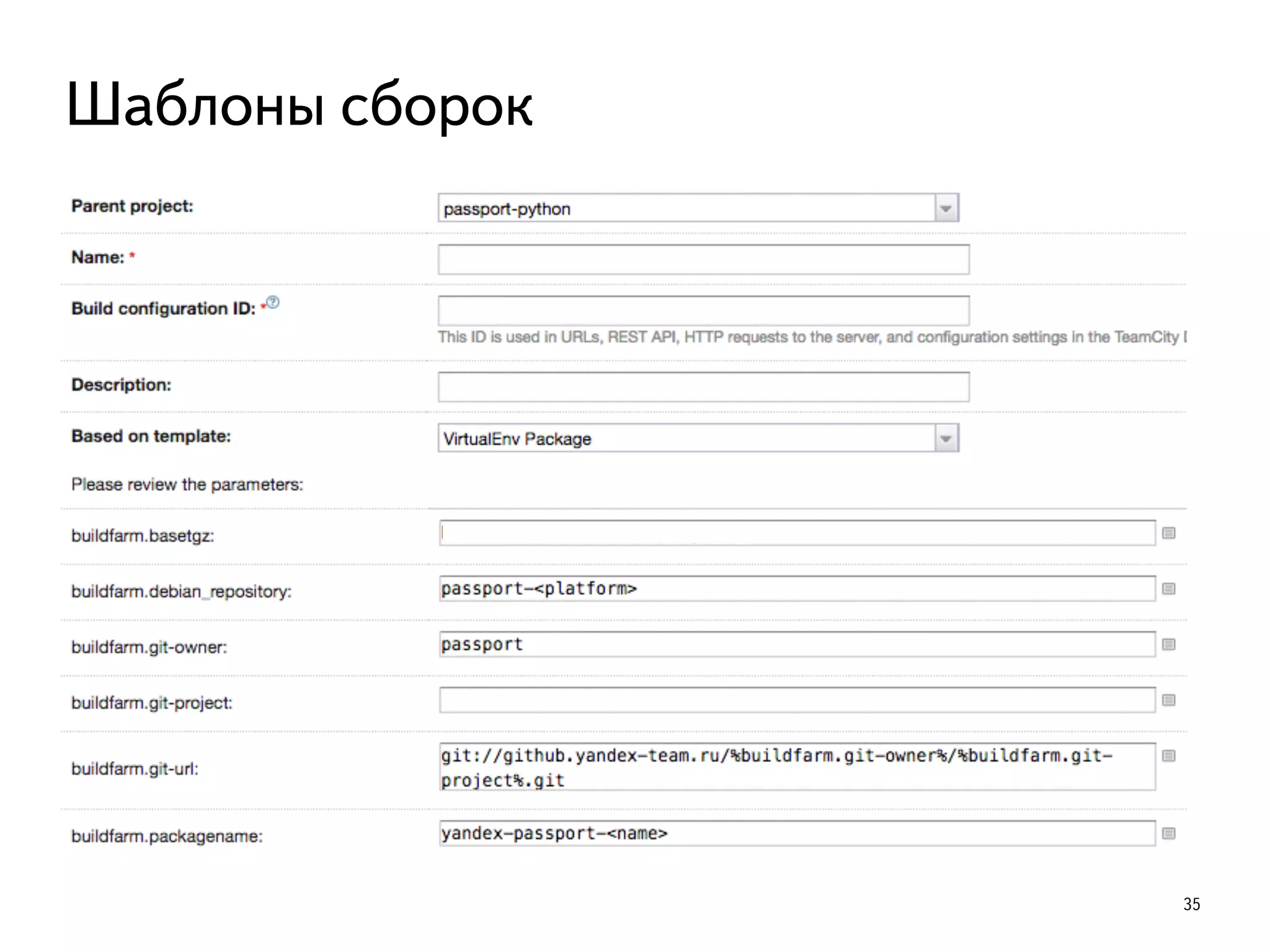 35
Шаблоны сборок
 