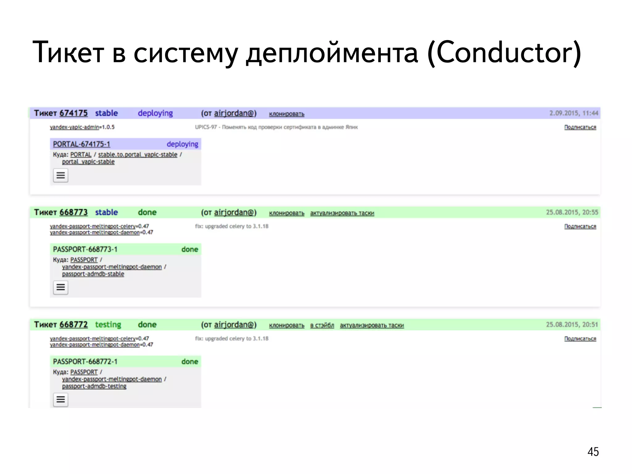 45
Тикет в систему деплоймента (Conductor)
 
