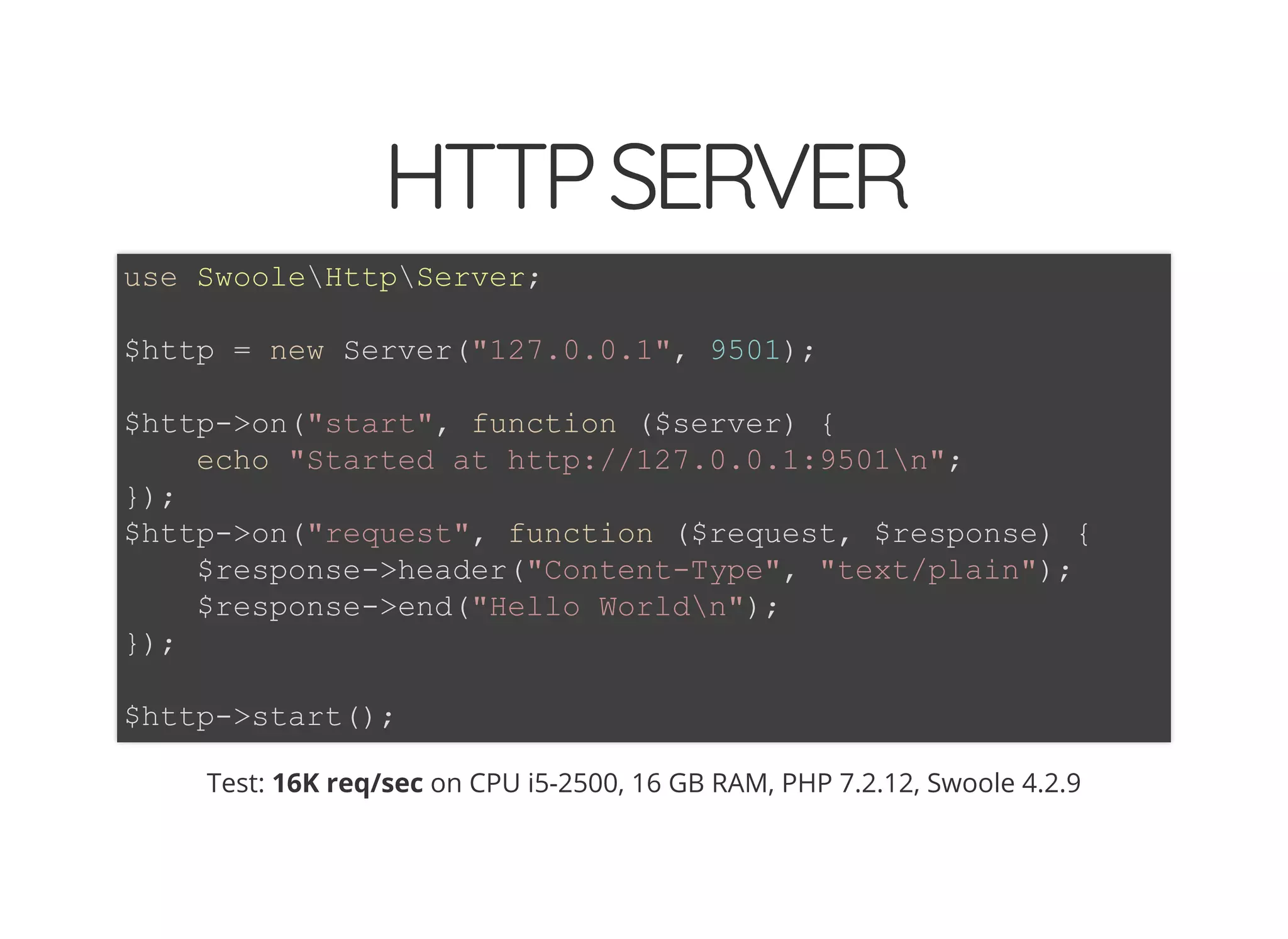 © 2018 Rogue Wave Software, Inc. All Rights Reserved.
HTTPSERVERHTTPSERVER
use SwooleHttpServer;
$http = new Server("127.0.0.1", 9501);
$http->on("start", function ($server) {
echo "Started at http://127.0.0.1:9501n";
});
$http->on("request", function ($request, $response) {
$response->header("Content-Type", "text/plain");
$response->end("Hello Worldn");
});
$http->start();
Test: 16K req/sec on CPU i5-2500, 16 GB RAM, PHP 7.2.12, Swoole 4.2.9
 
