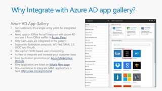 Why Integrate with Azure AD app gallery?
Access Panel
Azure Marketplace
Website
What’s New page
https://aka.ms/appstutorial
 