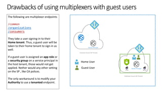 Drawbacksofusingmultiplexerswithguestusers
The following are multiplexor endpoints
/common
/organizations
/consumers
They take a user signing-in to their
Home tenant. Thus, a guest user will be
taken to their home tenant to sign-in as
well.
If a guest user is assigned an app role or
a security group on a service principal in
the host tenant, those would not get
applied. Nether would any other setting
on the SP , like CA polices.
The only workaround is to modify your
Authority to use a tenanted endpoint.
Fabrikam Azure AD Tenant
Contoso Azure AD Tenant
App
Service Principal
Service Principal
Group App role
Home User
Guest User
 
