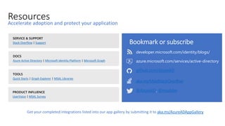 Resources
Stack Overflow Support
@AzureAD, @msiddev
developer.microsoft.com/identity/blogs/
Azure Active Directory Microsoft Identity Platform Microsoft Graph
Quick Starts Graph Explorer MSAL Libraries
UserVoice MSAL Survey
github.com/AzureAD
aka.ms/MsIdStackOverflow
azure.microsoft.com/services/active-directory
aka.ms/AzureADAppGallery
 