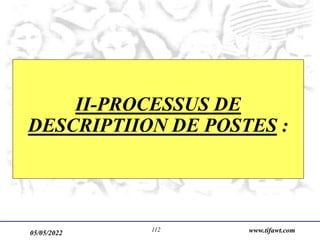 05/05/2022 www.tifawt.com
112
II-PROCESSUS DE
DESCRIPTIION DE POSTES :
 